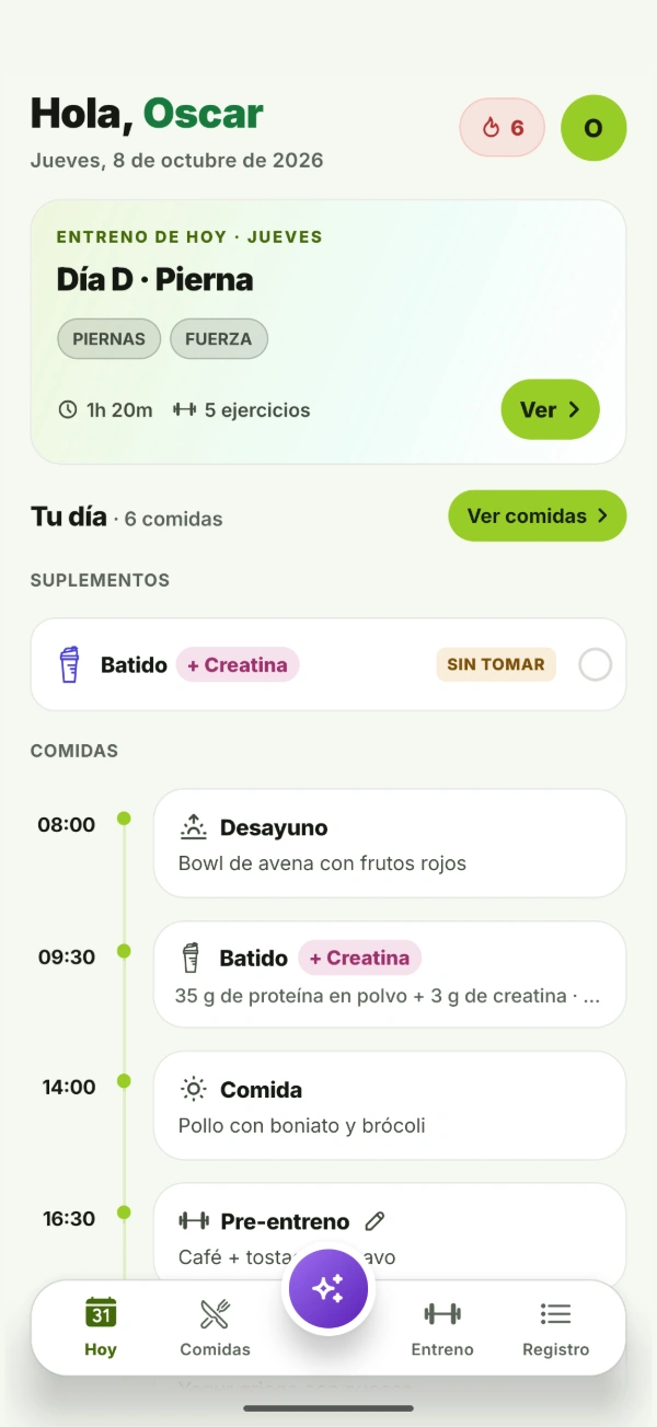 Pantalla Hoy de BTal: el entreno del día, los suplementos pendientes y las comidas ordenadas por horas.