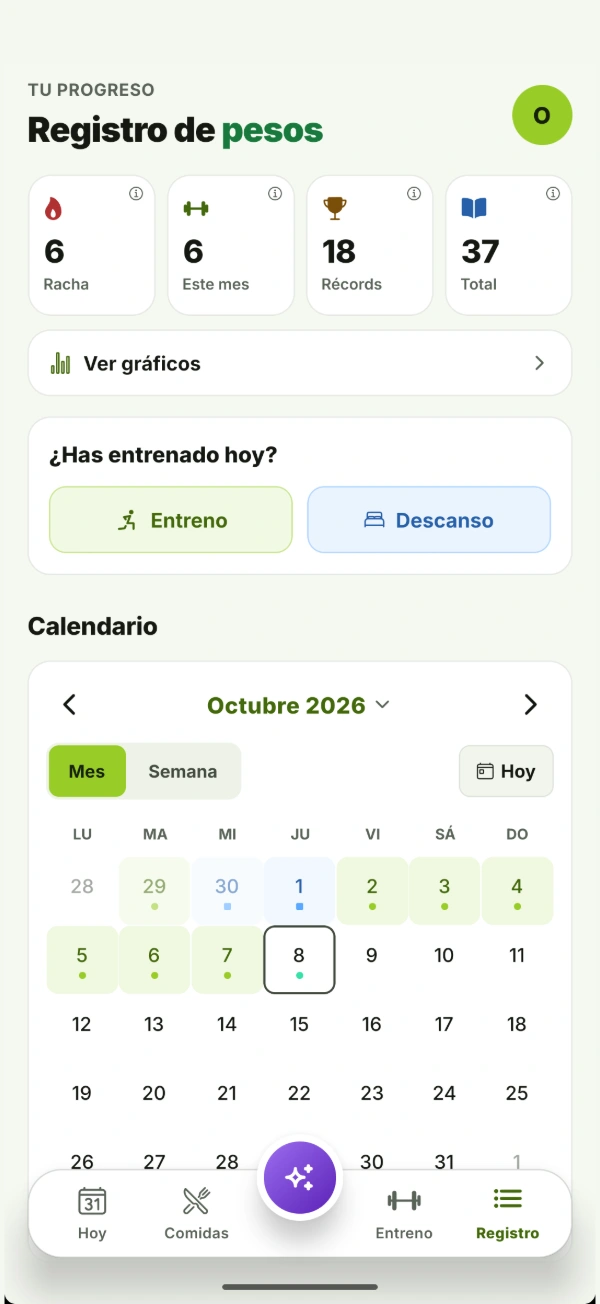 Pantalla Registro de BTal: la racha, los récords y los entrenos totales, el registro del entreno del día y el calendario con los días entrenados.