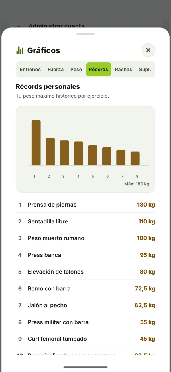 Gráficos de BTal en la pestaña Récords: el peso máximo alcanzado en cada ejercicio.