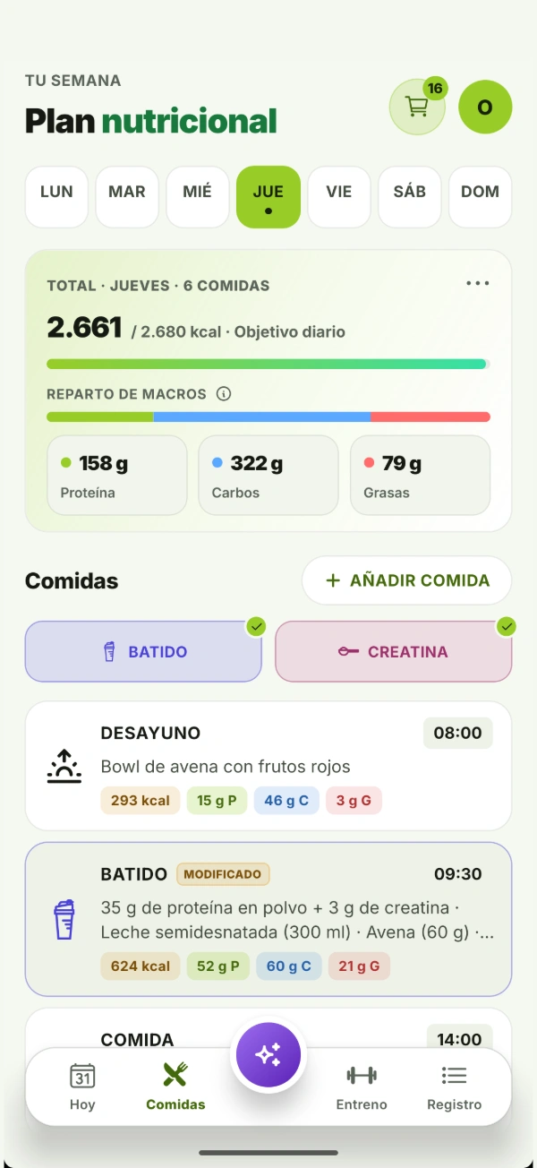 Pantalla Comidas de BTal: el menú del día con las calorías frente al objetivo, el reparto de proteína, carbohidratos y grasas, y cada comida con sus macros.