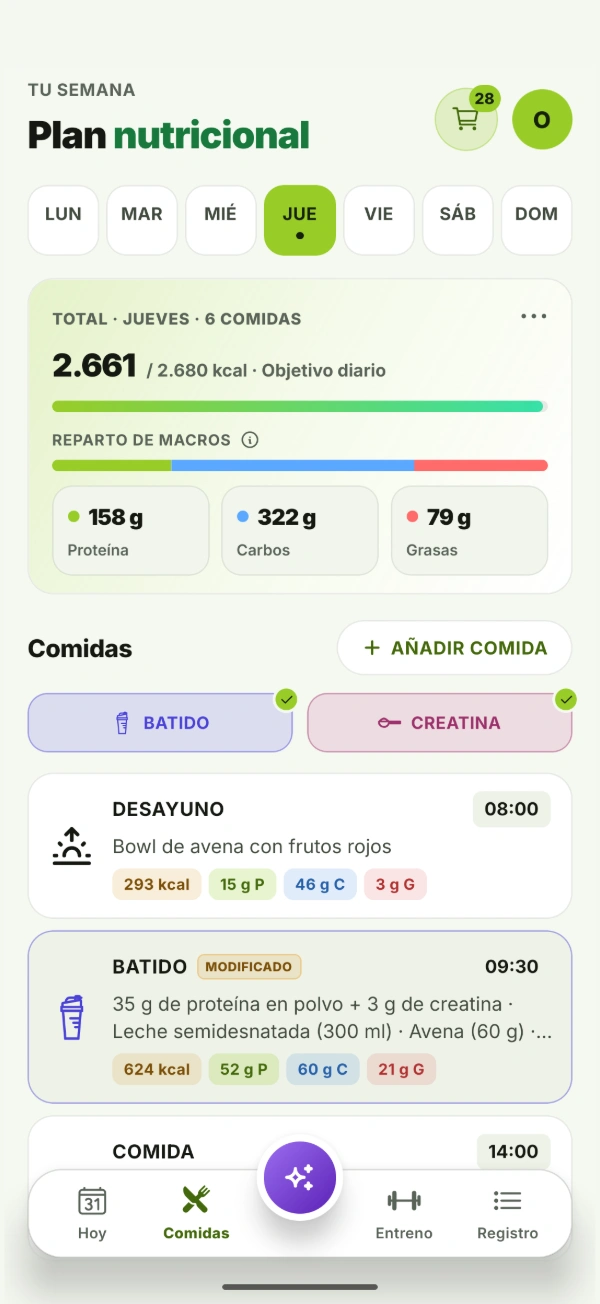Pantalla Comidas de BTal: el menú del día con las calorías frente al objetivo, el reparto de proteína, carbohidratos y grasas, y cada comida con sus macros.