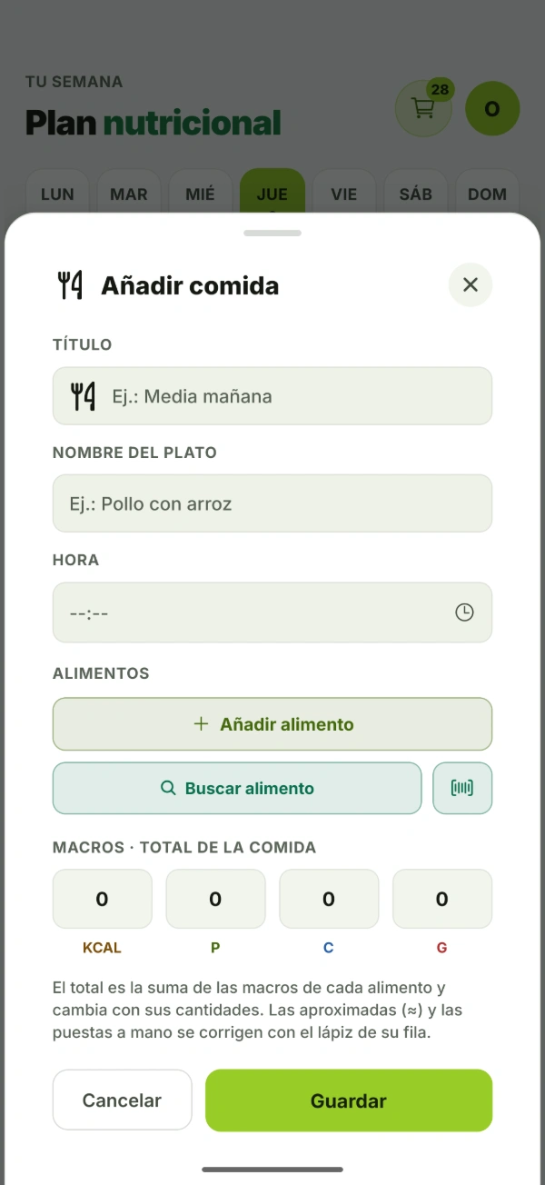 Hoja para añadir una comida en BTal: título, plato, hora y alimentos, que se añaden a mano, se buscan o se escanean, con el total de macros calculado solo.