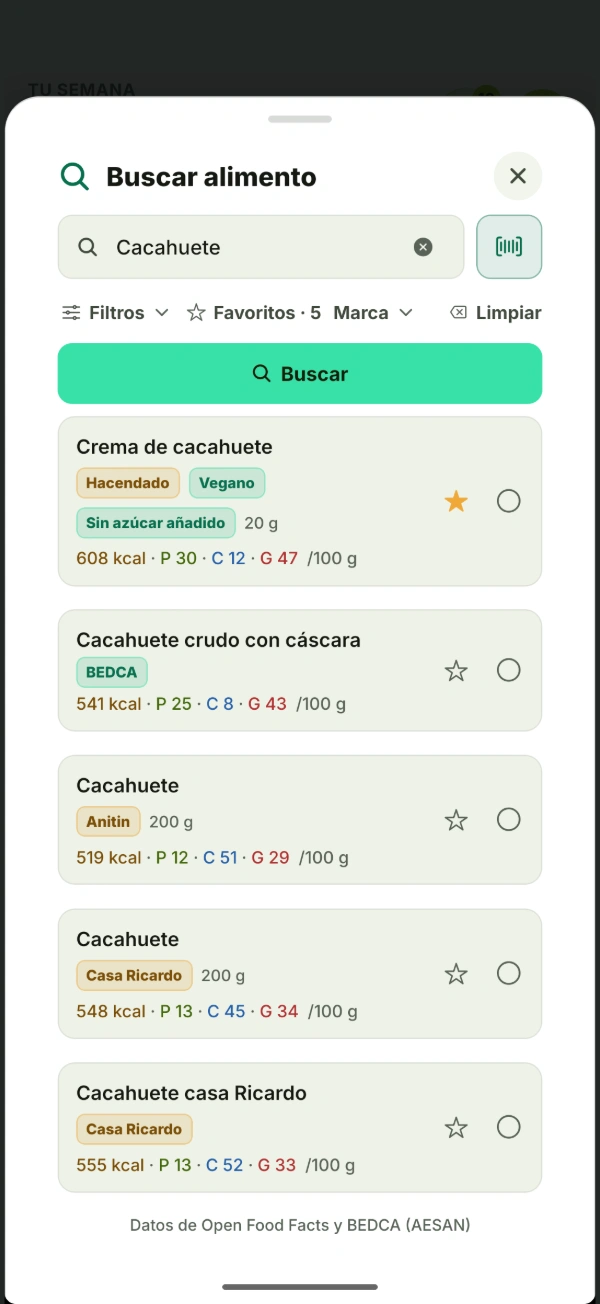 Buscador de alimentos de BTal: productos de marcas reales y de la base BEDCA con sus calorías y macros, con filtros y favoritos.