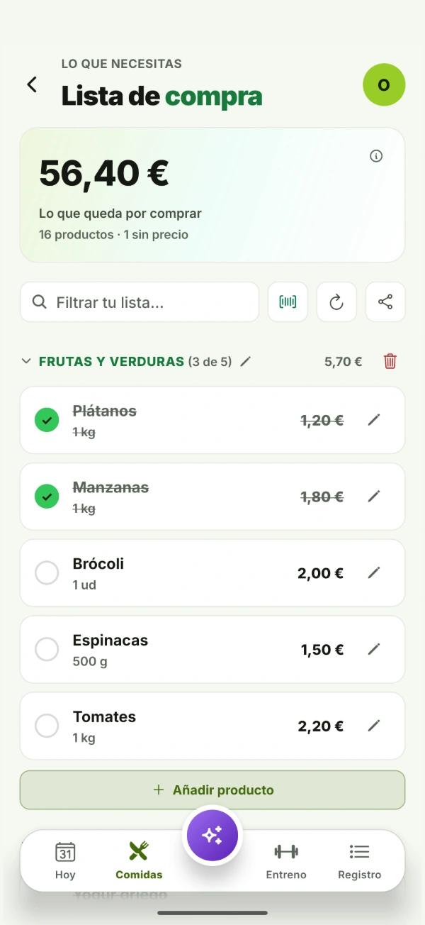 Lista de la compra de BTal: los productos del menú agrupados por categorías, con su precio y lo ya comprado tachado.