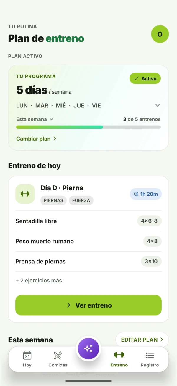 Pantalla Entreno de BTal: el programa activo, los entrenos hechos en la semana y el entreno del día con sus series y repeticiones.