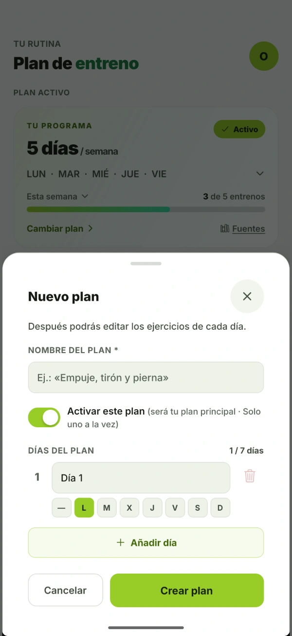 Hoja para crear un plan de entreno en BTal: nombre, activación como plan principal y días de entreno.
