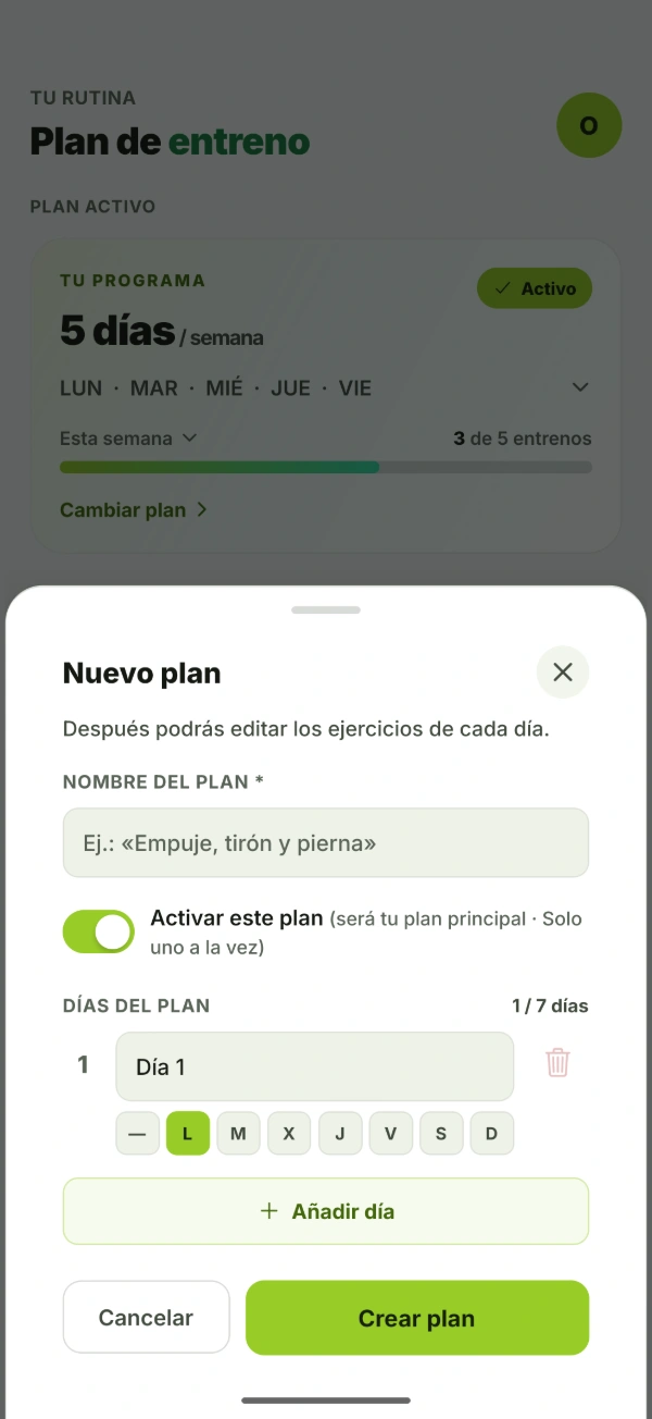 Hoja para crear un plan de entreno en BTal: nombre, activación como plan principal y días de entreno.