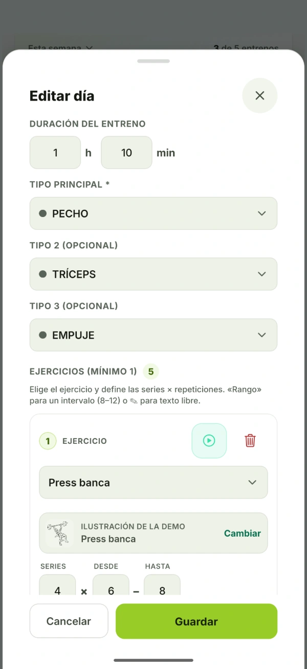 Hoja para editar un día de entreno en BTal: duración, grupos musculares y ejercicios con sus series y repeticiones.