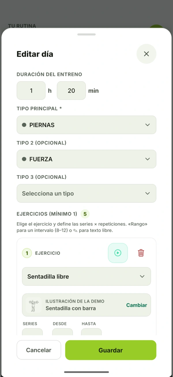 Hoja para editar un día de entreno en BTal: duración, grupos musculares y ejercicios con sus series y repeticiones.